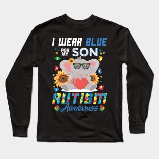 Elephant I Wear Blue For My Son Autism Awareness Month Mom Dad Long Sleeve T-Shirt